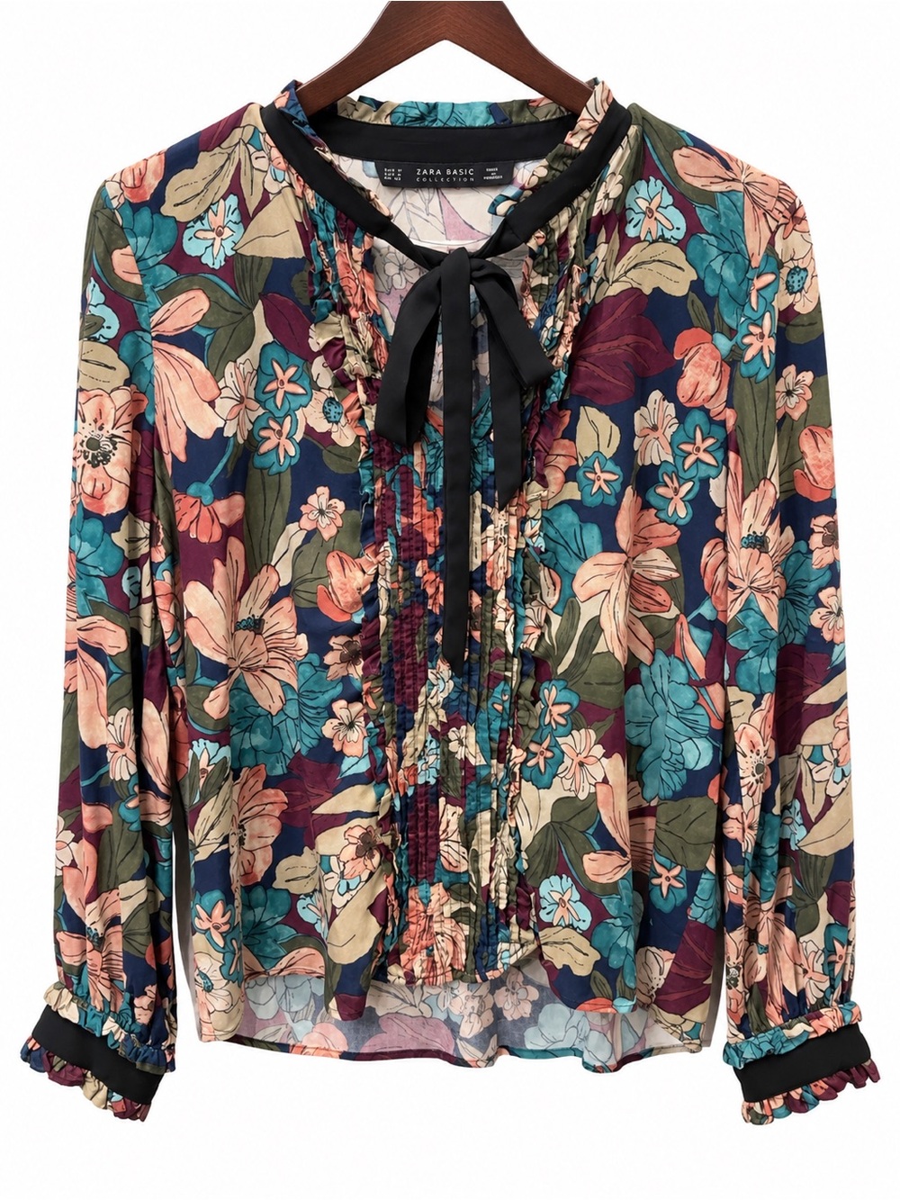 Zara Floral Tie-Bow Ruffle Blouse in Navy, Teal & Blush